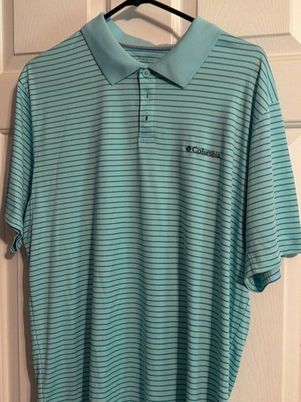 Columbia Men's Light Teal Polo with Thin Dark Teal Stripes